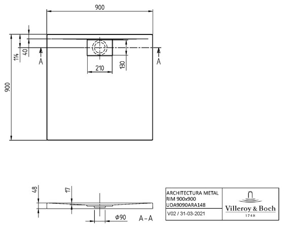 Villeroy & Boch Architectura MetalRim receveur de douche 900 x 900 x 48 mm