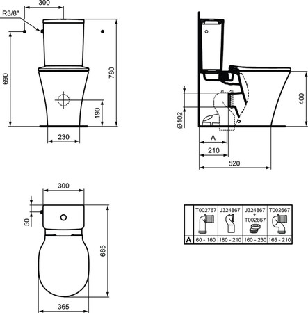Ideal Standard Connect Air Stand-WC back to wall Abgang aussen AquaBlade 365 x 665 x 400 mm