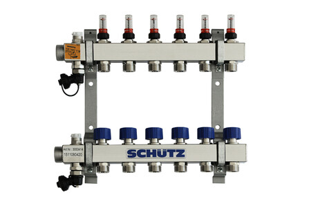 Schütz Comfort 90-3 verdeler 6 circuits 370mm RVS debietmeters vloerverwarming
